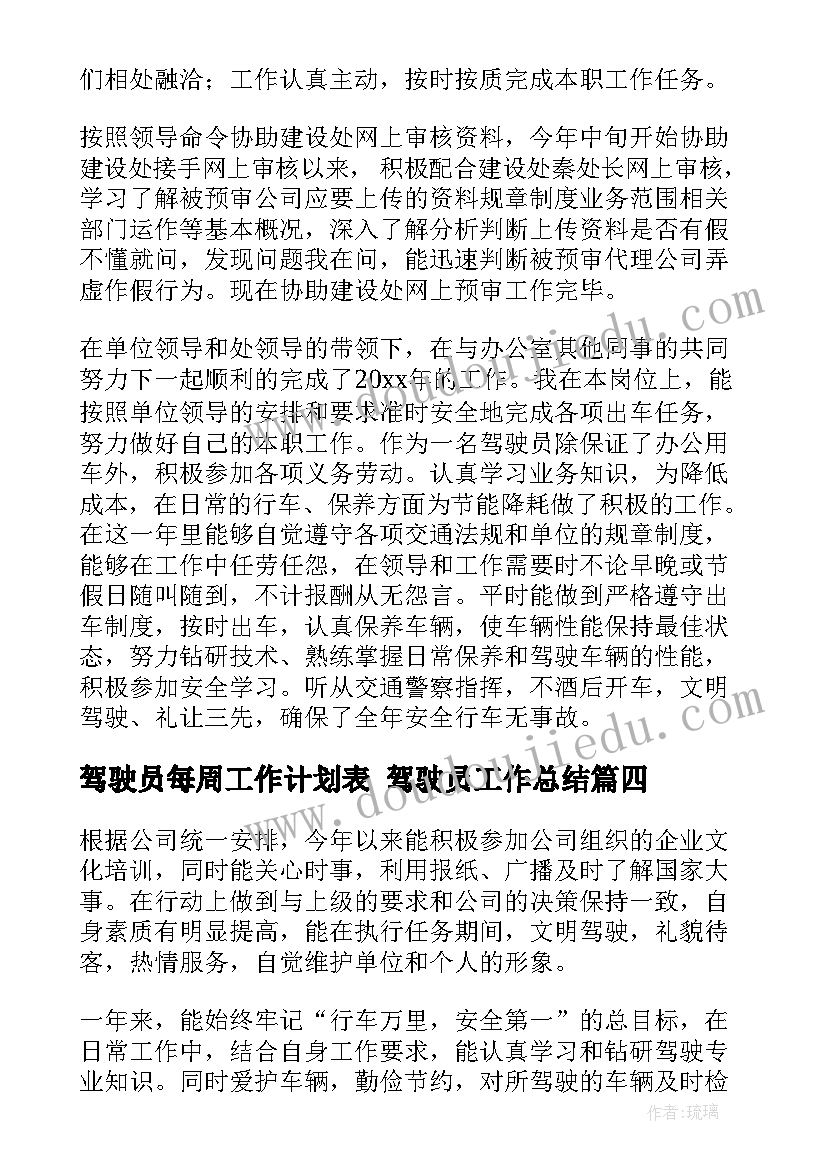 驾驶员每周工作计划表 驾驶员工作总结(实用7篇)