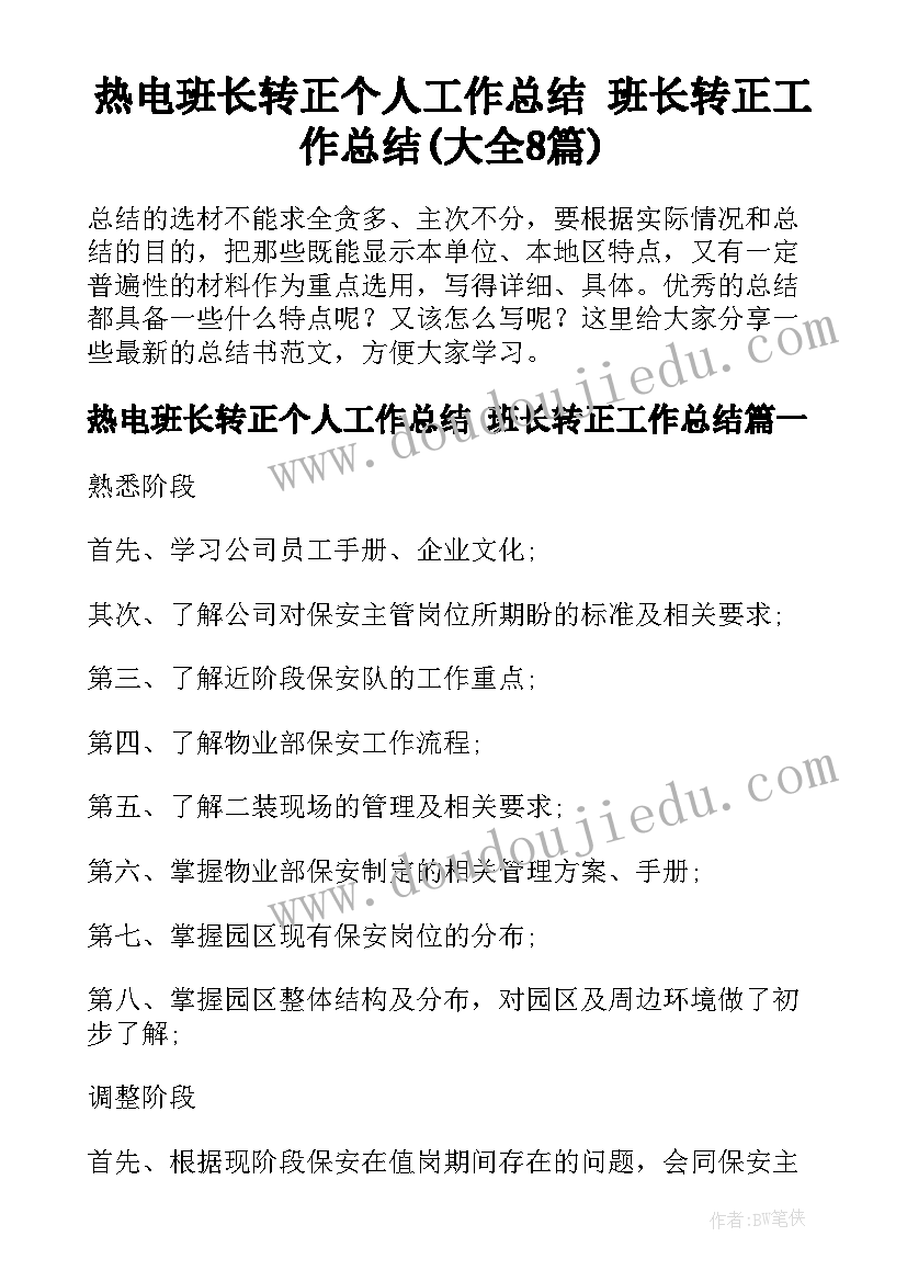 热电班长转正个人工作总结 班长转正工作总结(大全8篇)