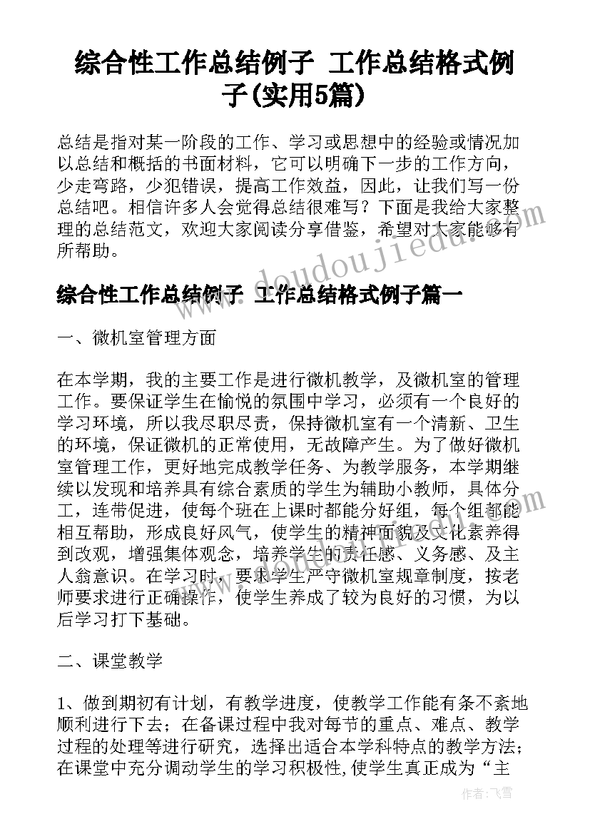 综合性工作总结例子 工作总结格式例子(实用5篇)