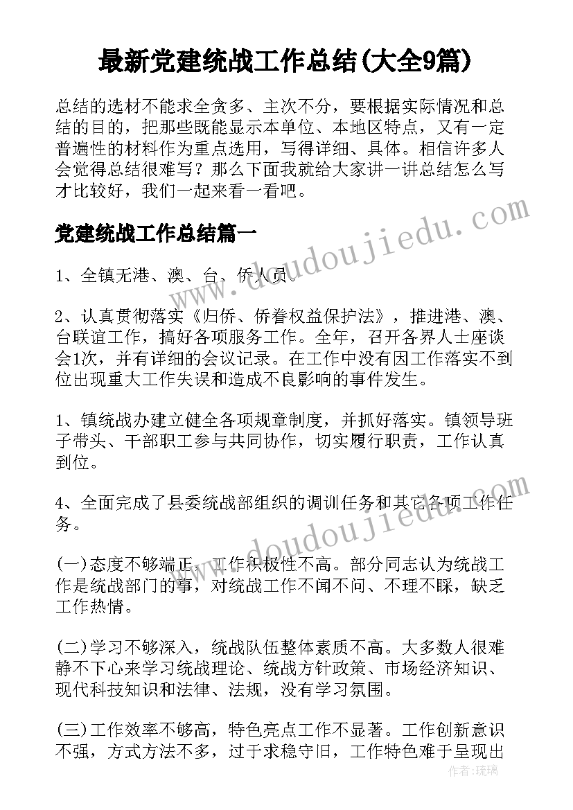 最新党建统战工作总结(大全9篇)