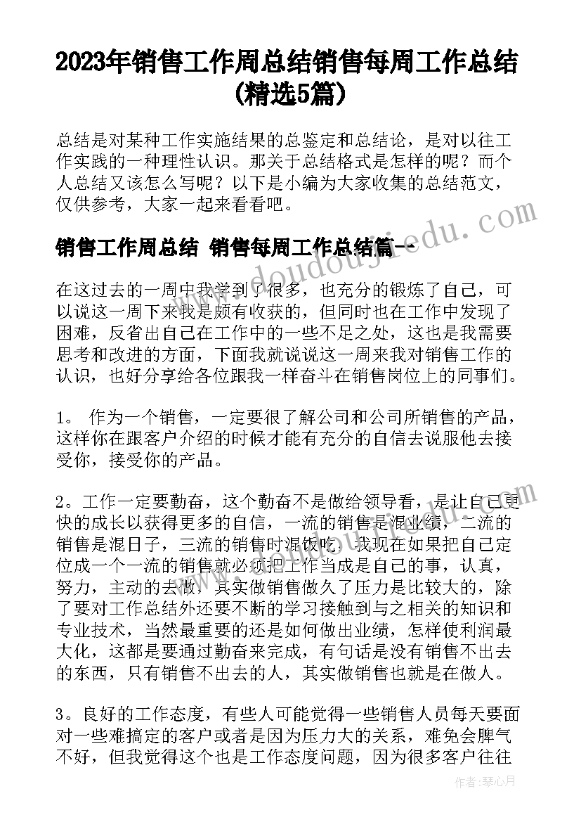 2023年销售工作周总结 销售每周工作总结(精选5篇)