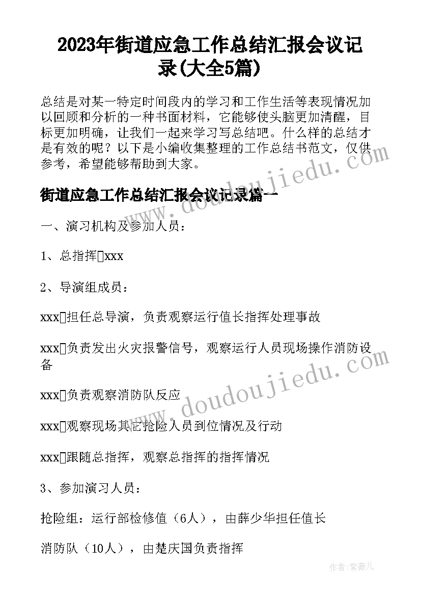 2023年街道应急工作总结汇报会议记录(大全5篇)