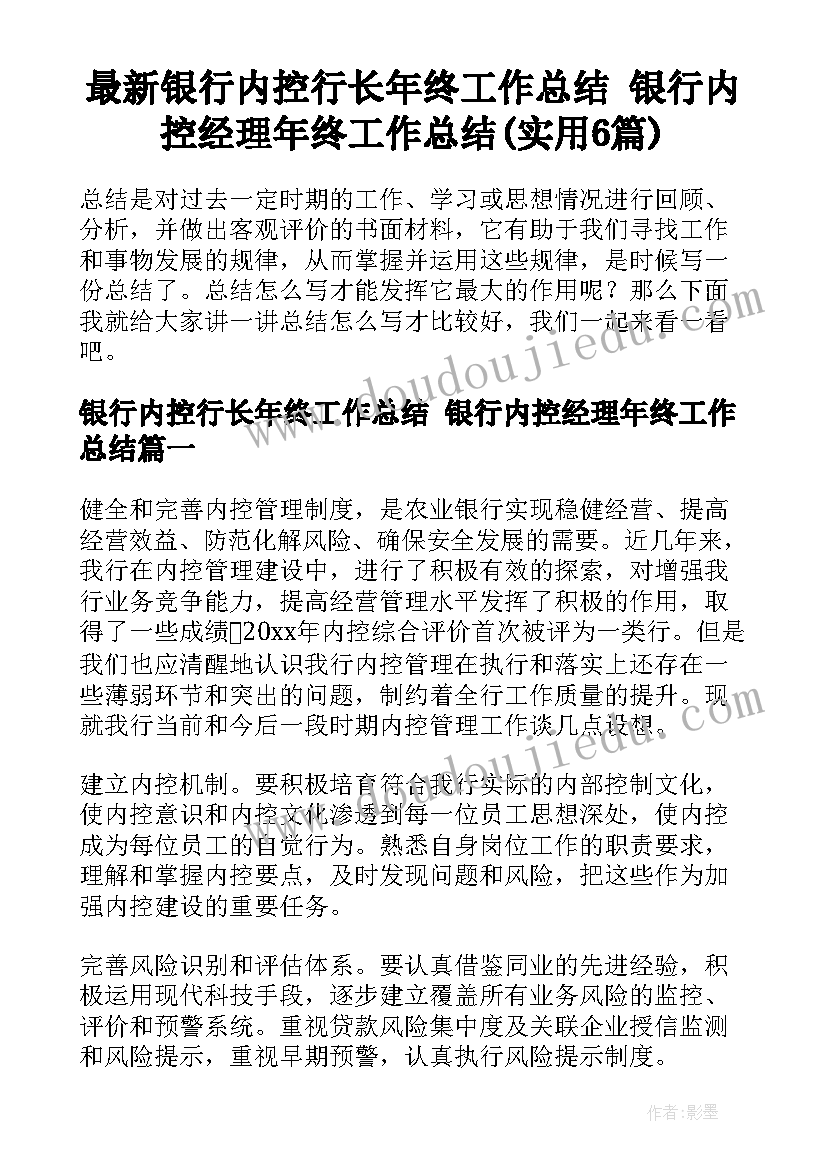 最新银行内控行长年终工作总结 银行内控经理年终工作总结(实用6篇)