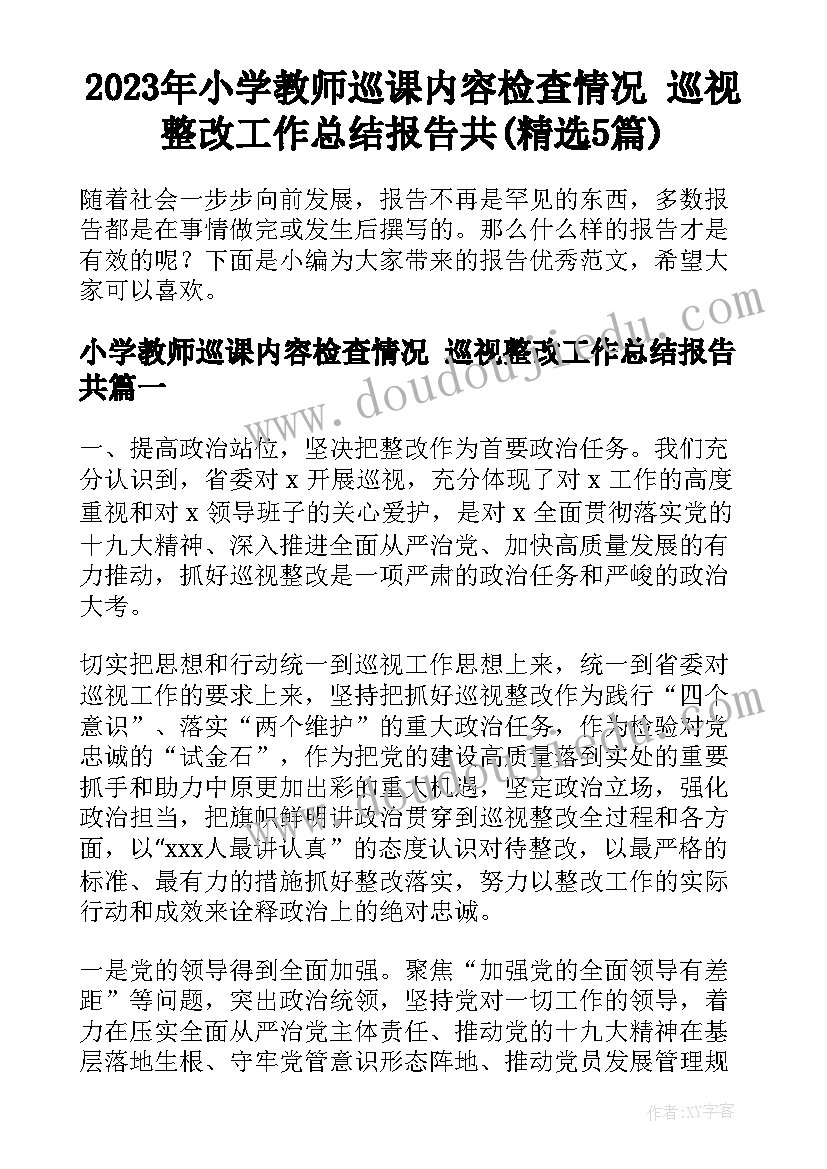 2023年小学教师巡课内容检查情况 巡视整改工作总结报告共(精选5篇)