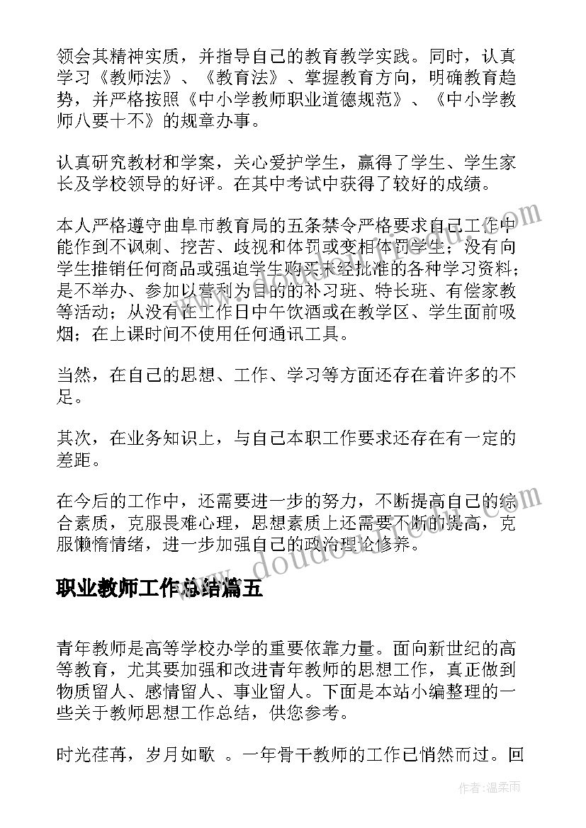 职业教师工作总结(模板6篇)