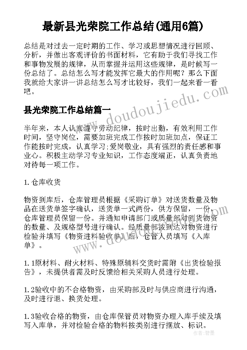 最新县光荣院工作总结(通用6篇)