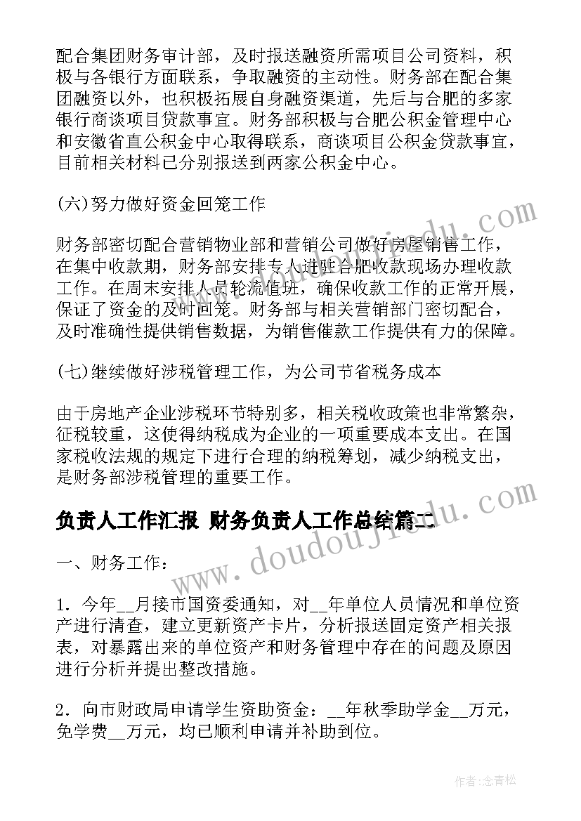 2023年负责人工作汇报 财务负责人工作总结(实用5篇)