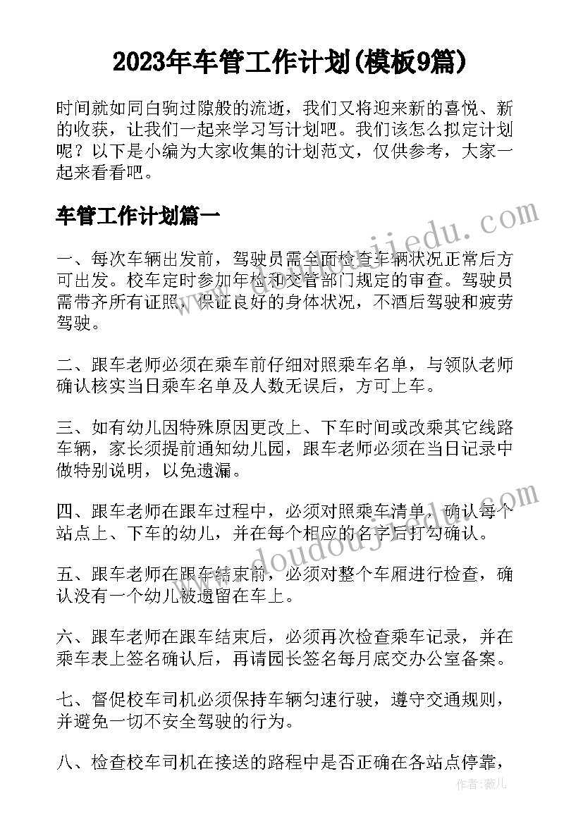 2023年车管工作计划(模板9篇)