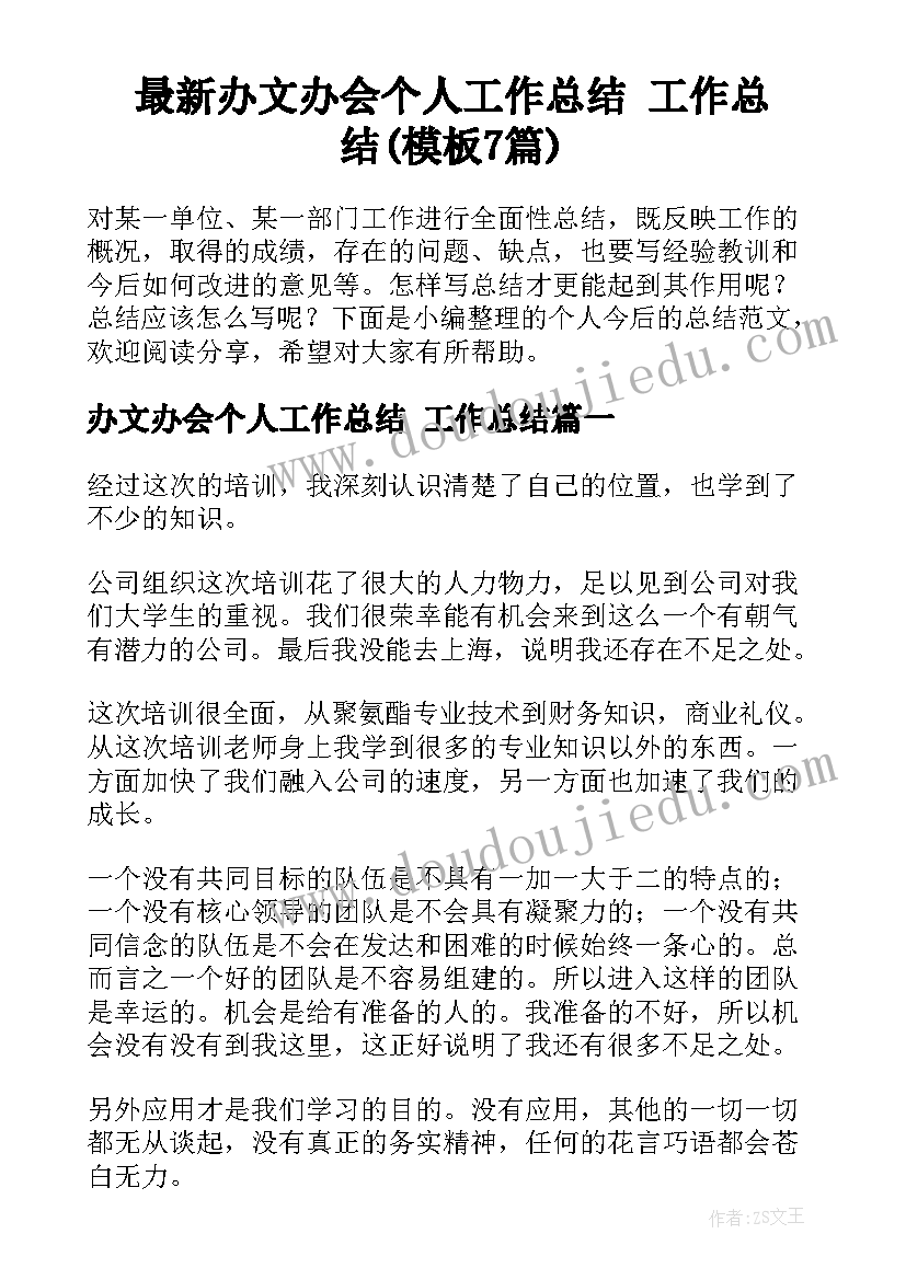 最新办文办会个人工作总结 工作总结(模板7篇)