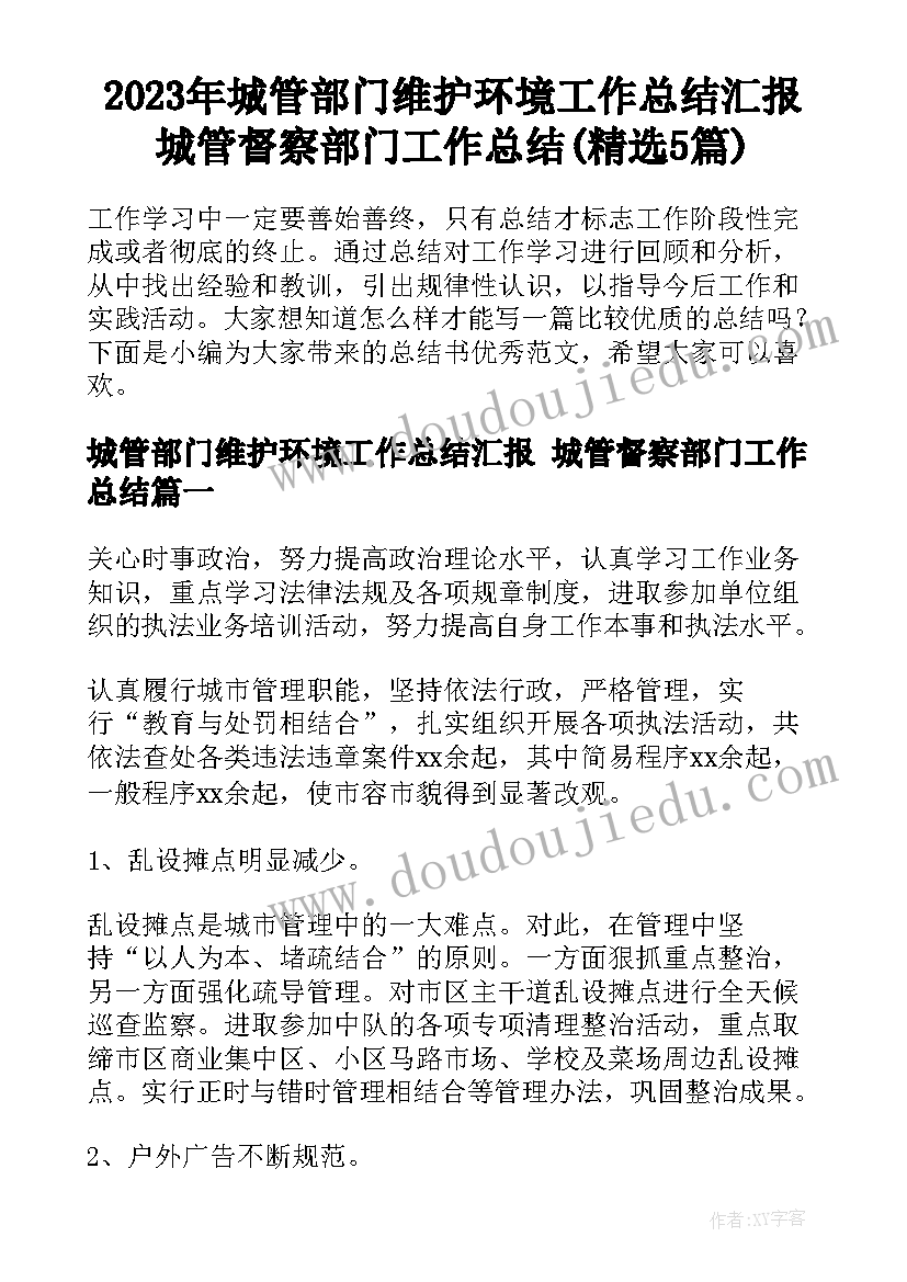 2023年城管部门维护环境工作总结汇报 城管督察部门工作总结(精选5篇)