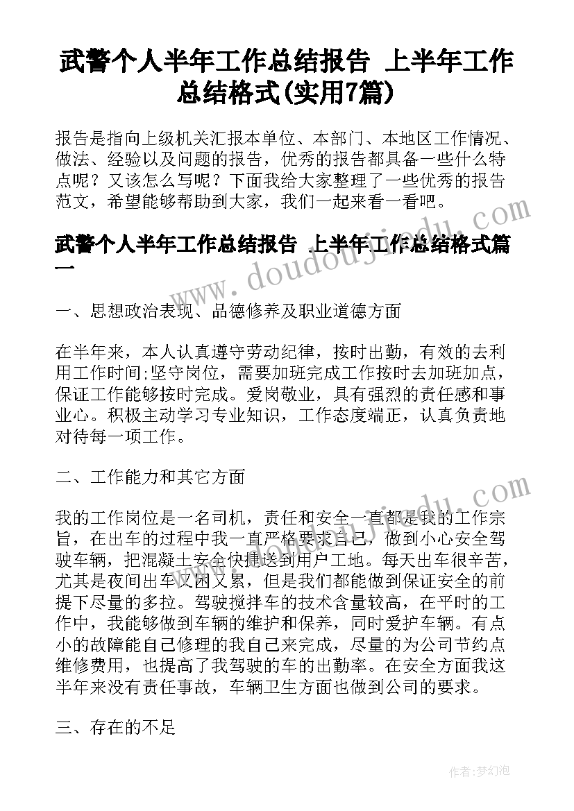 武警个人半年工作总结报告 上半年工作总结格式(实用7篇)