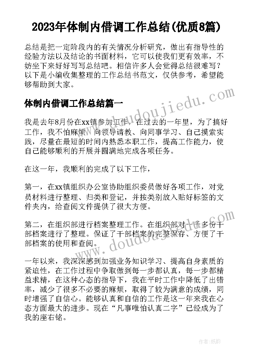 2023年体制内借调工作总结(优质8篇)