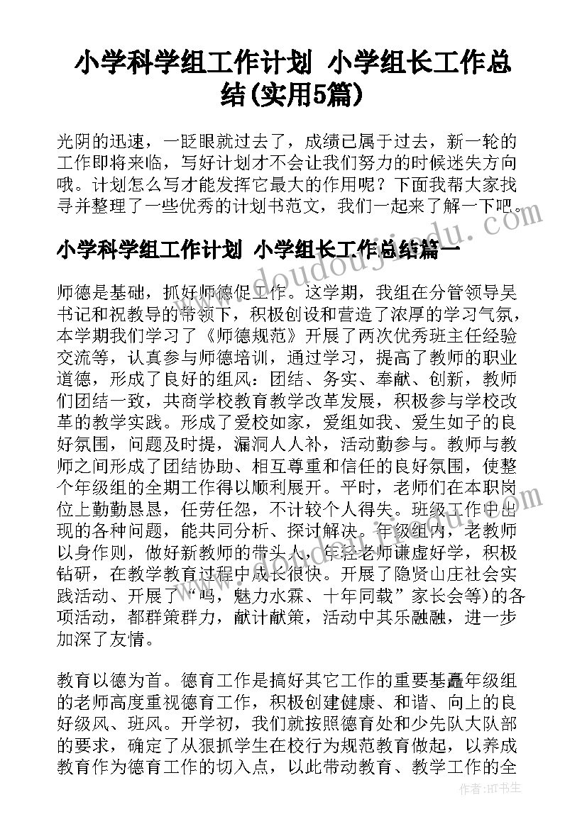 小学科学组工作计划 小学组长工作总结(实用5篇)