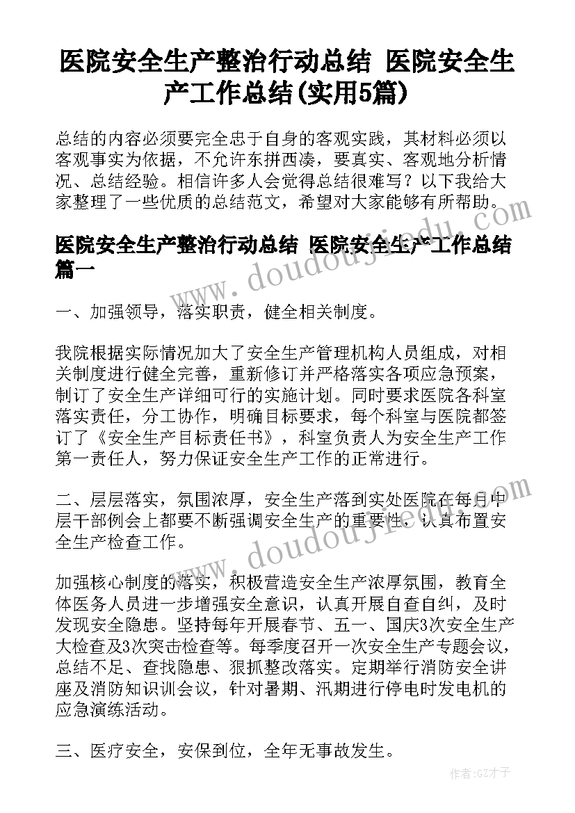 医院安全生产整治行动总结 医院安全生产工作总结(实用5篇)