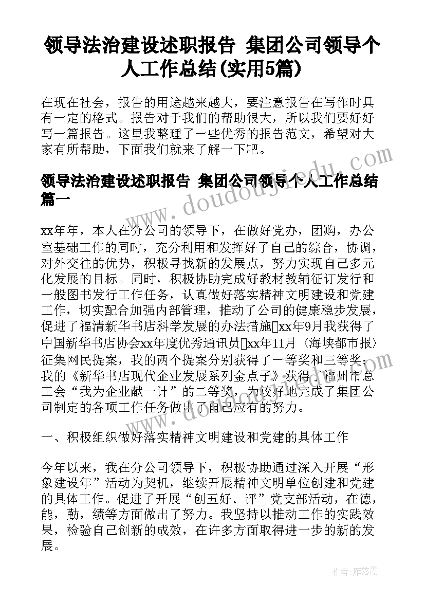 领导法治建设述职报告 集团公司领导个人工作总结(实用5篇)