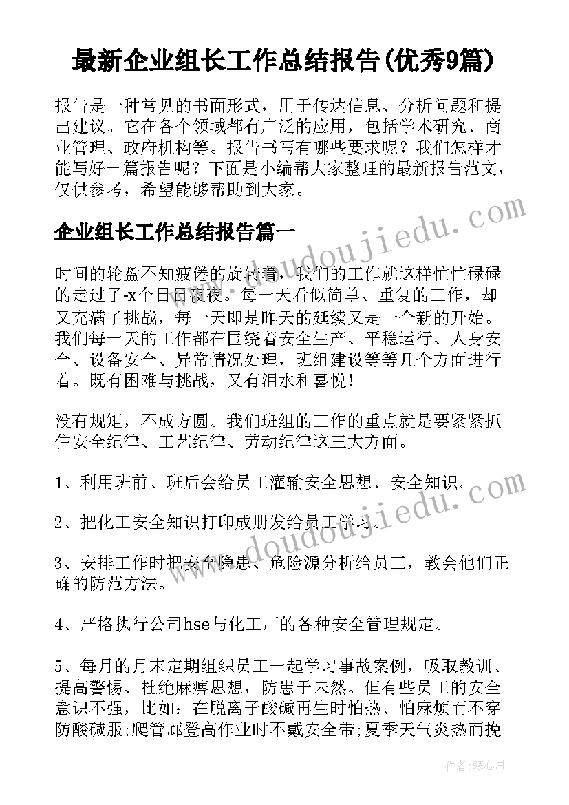 最新企业组长工作总结报告(优秀9篇)