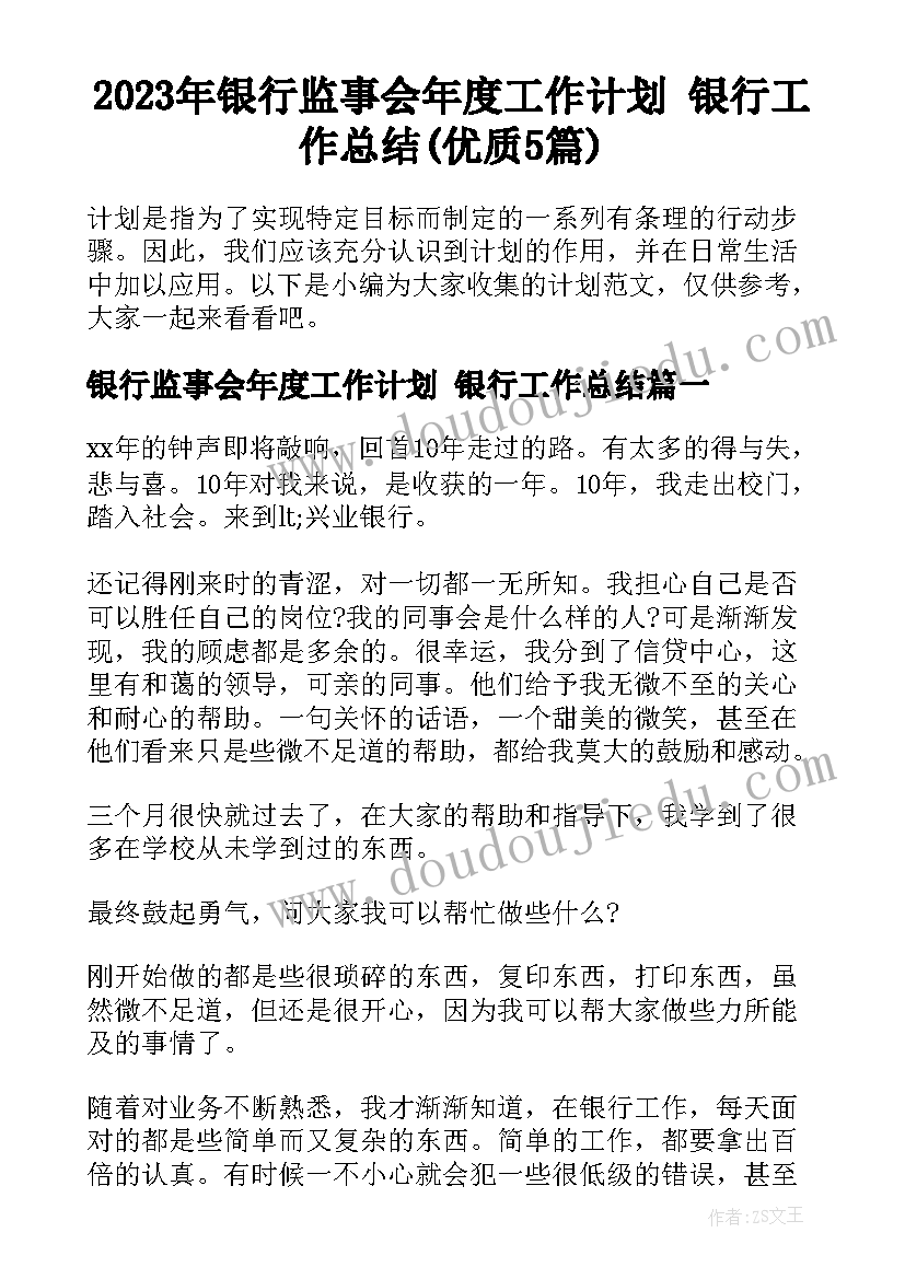 2023年银行监事会年度工作计划 银行工作总结(优质5篇)