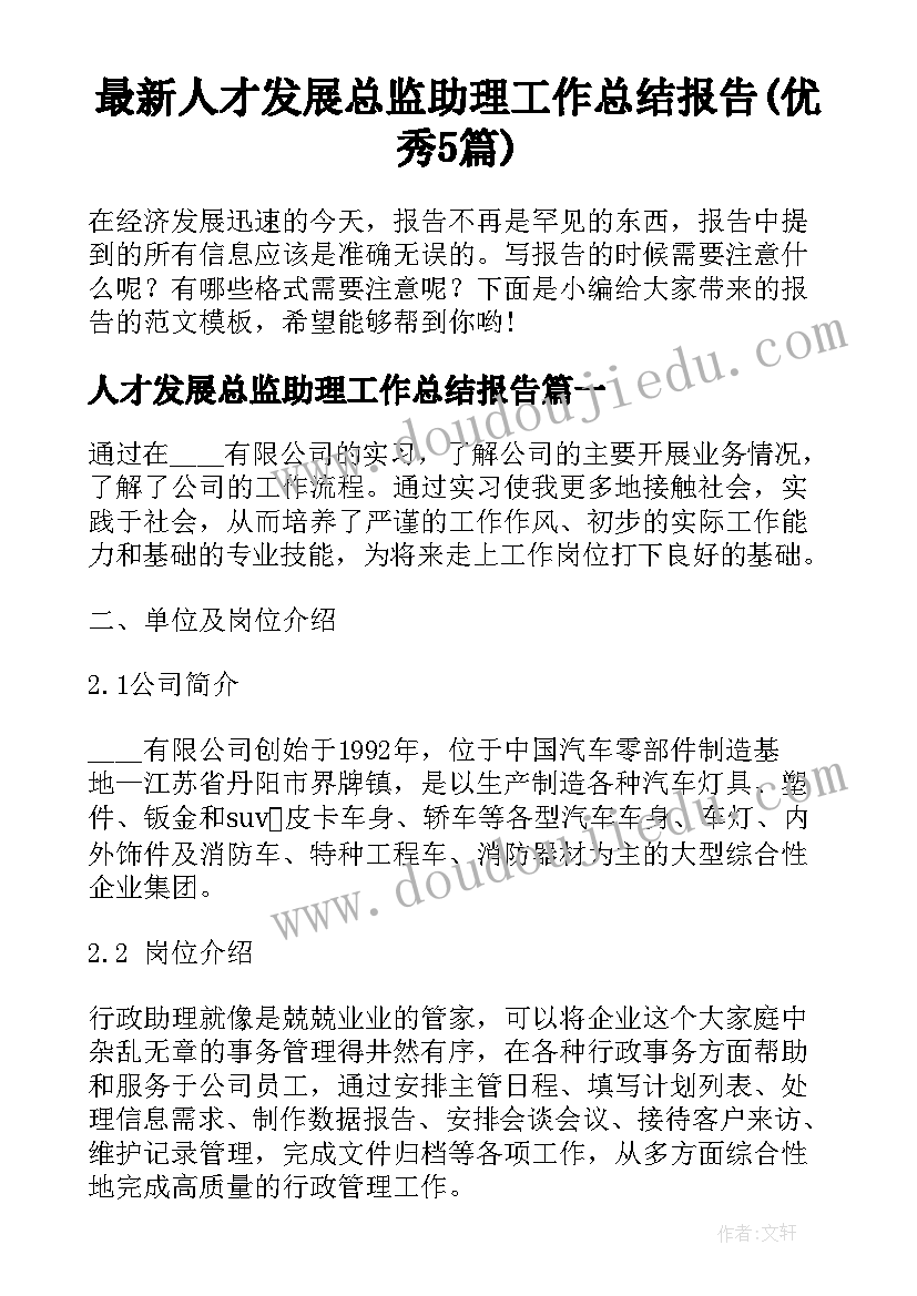 最新人才发展总监助理工作总结报告(优秀5篇)