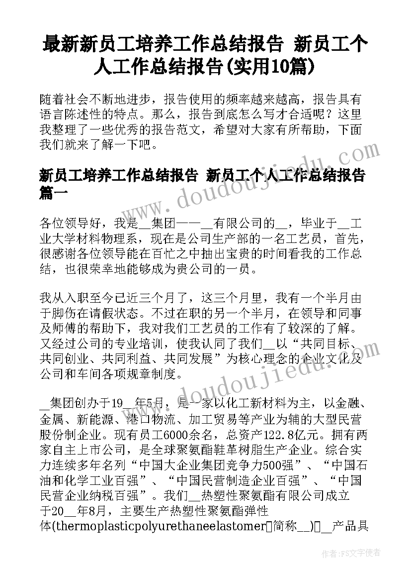 最新新员工培养工作总结报告 新员工个人工作总结报告(实用10篇)