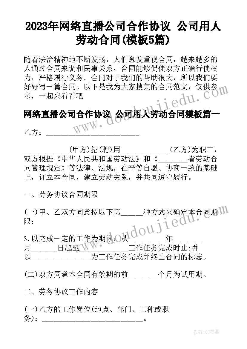 2023年网络直播公司合作协议 公司用人劳动合同(模板5篇)