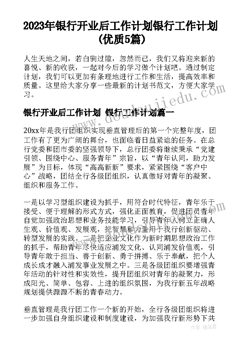 2023年银行开业后工作计划 银行工作计划(优质5篇)