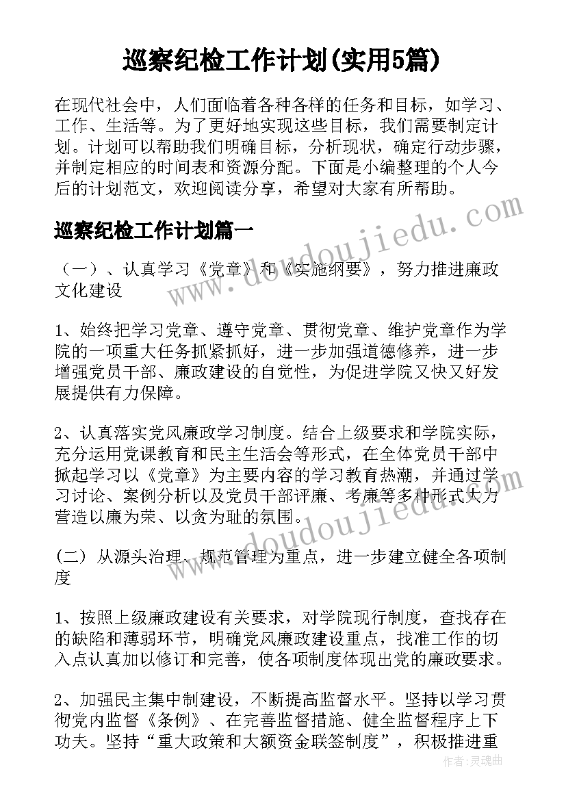 巡察纪检工作计划(实用5篇)