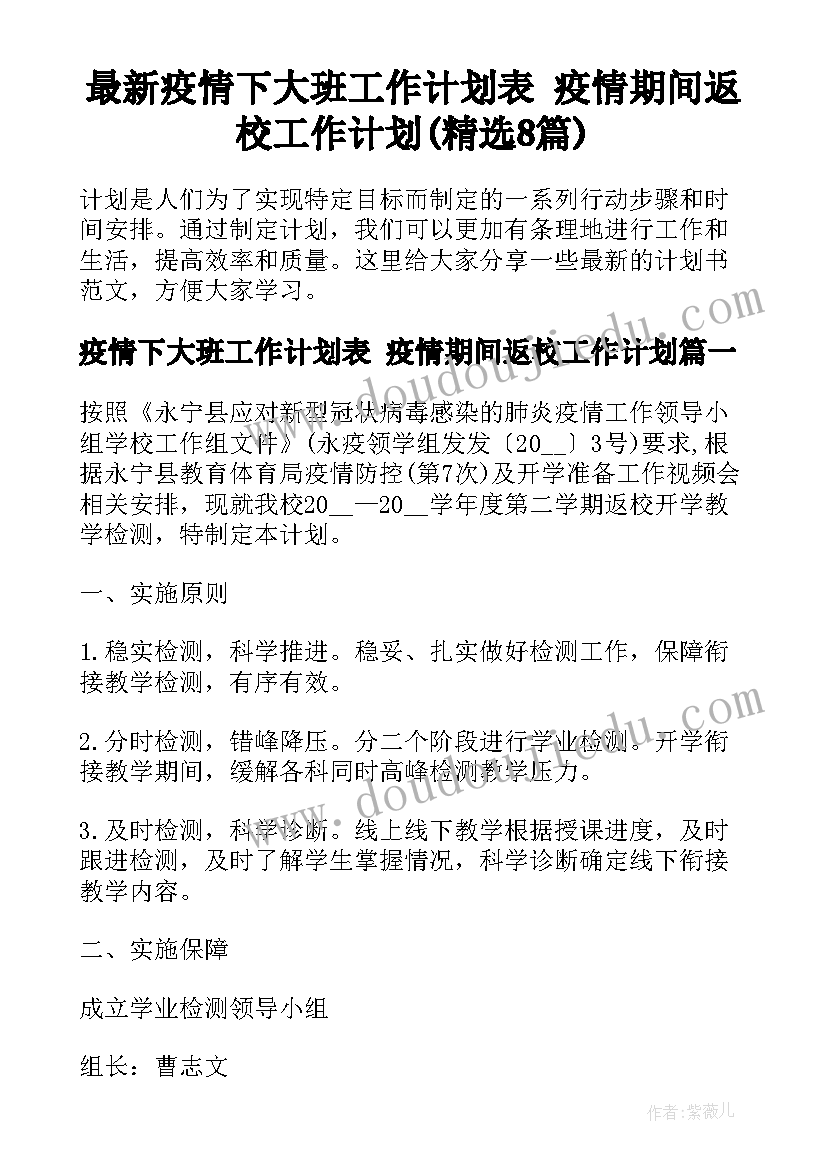 最新疫情下大班工作计划表 疫情期间返校工作计划(精选8篇)