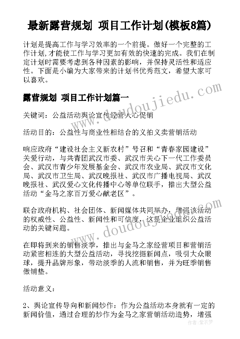 最新露营规划 项目工作计划(模板8篇)