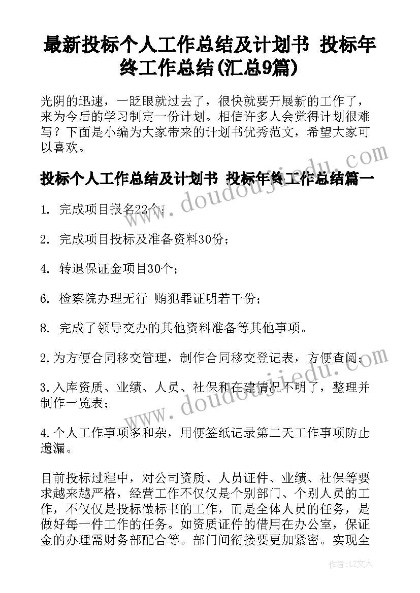 最新投标个人工作总结及计划书 投标年终工作总结(汇总9篇)