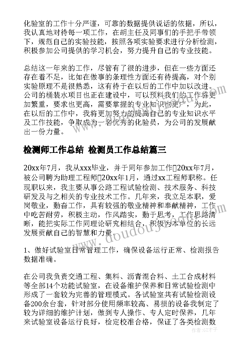 最新检测师工作总结 检测员工作总结(模板7篇)