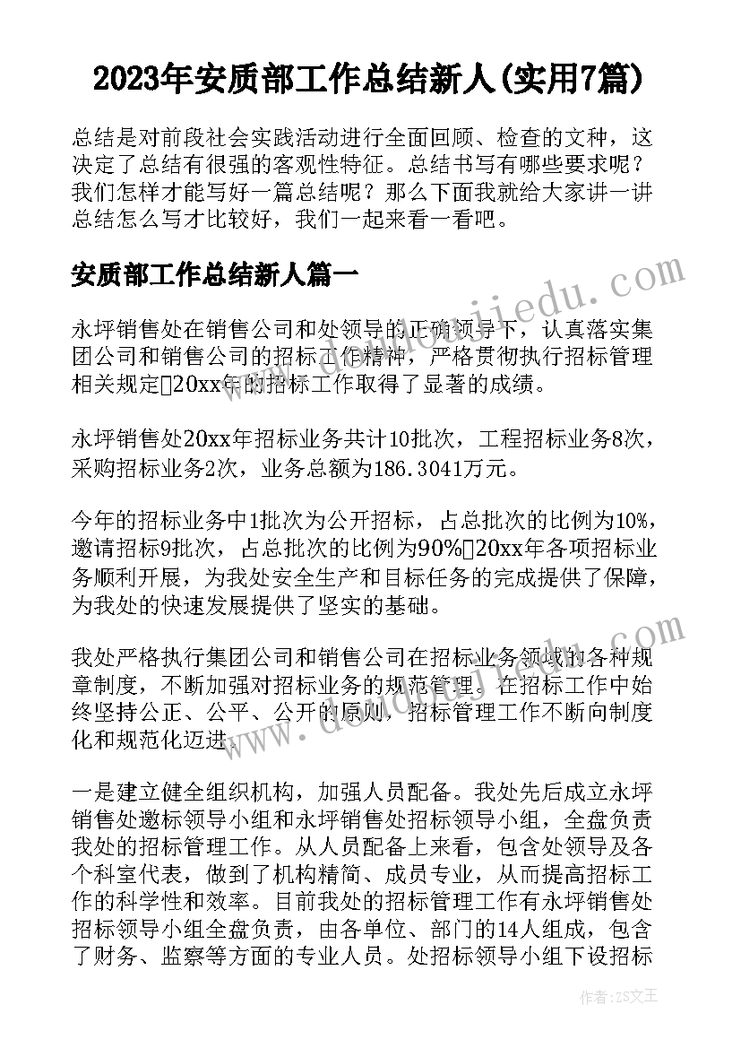 2023年安质部工作总结新人(实用7篇)