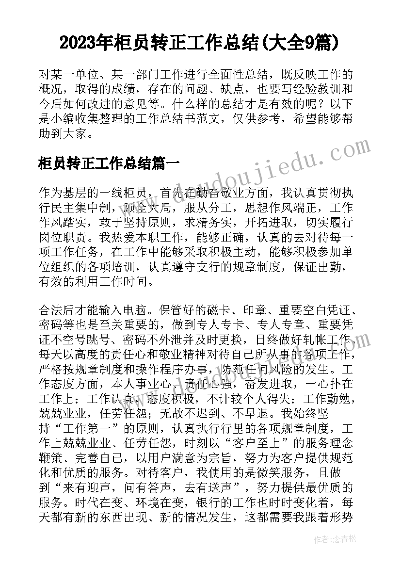 2023年柜员转正工作总结(大全9篇)