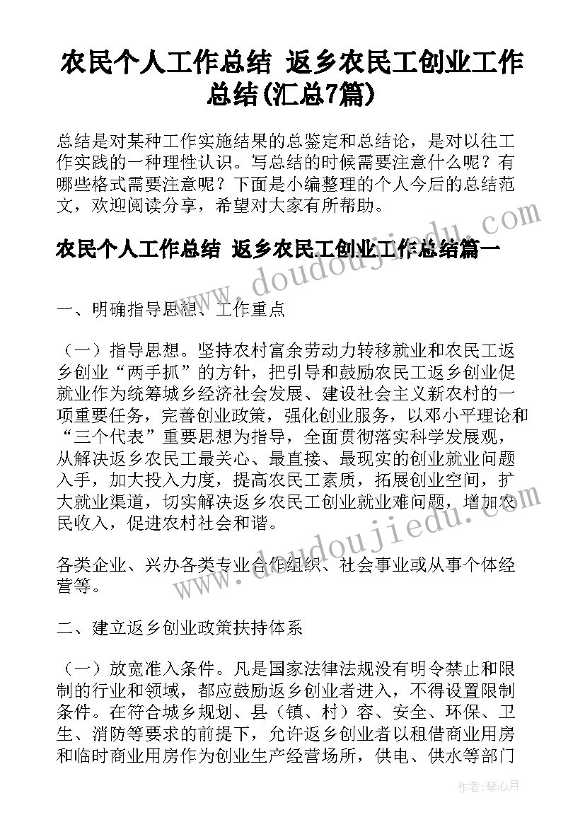 农民个人工作总结 返乡农民工创业工作总结(汇总7篇)