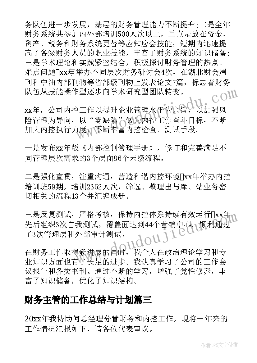 财务主管的工作总结与计划(精选8篇)