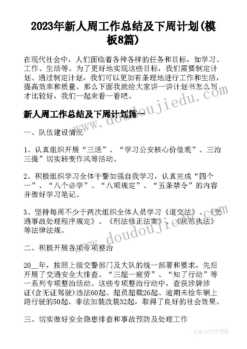 2023年新人周工作总结及下周计划(模板8篇)