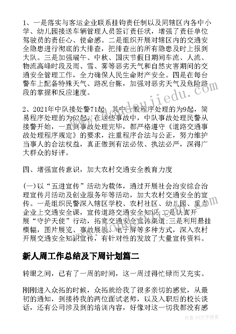 2023年新人周工作总结及下周计划(模板8篇)