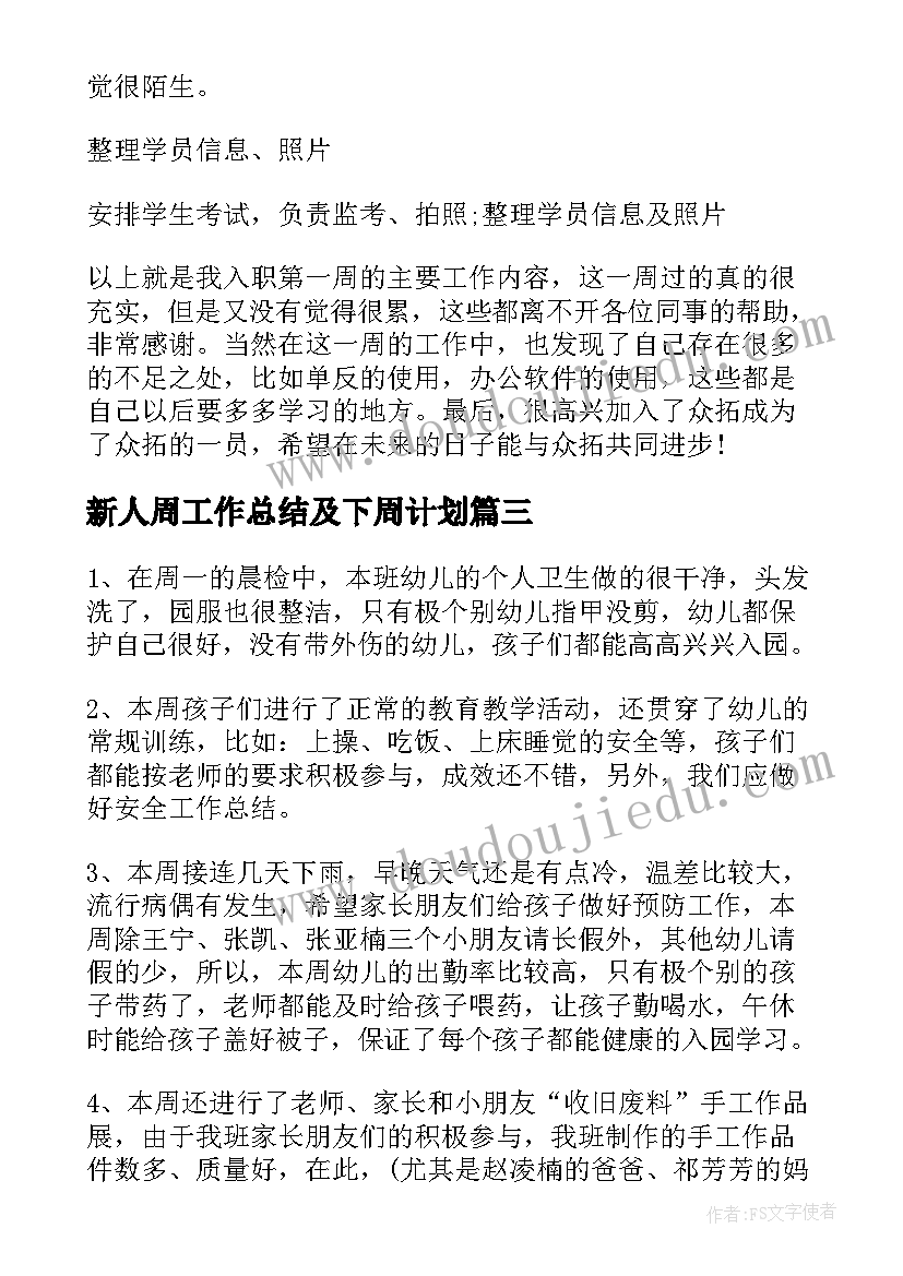 2023年新人周工作总结及下周计划(模板8篇)