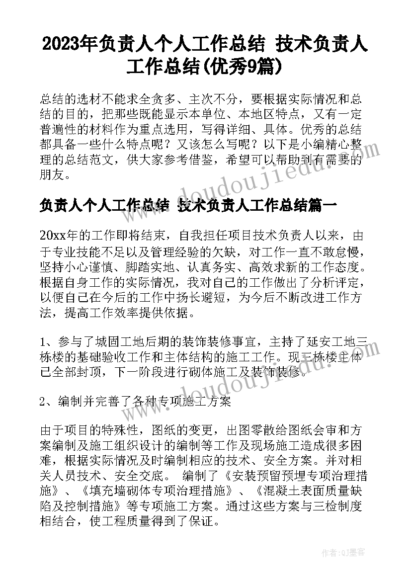 2023年负责人个人工作总结 技术负责人工作总结(优秀9篇)