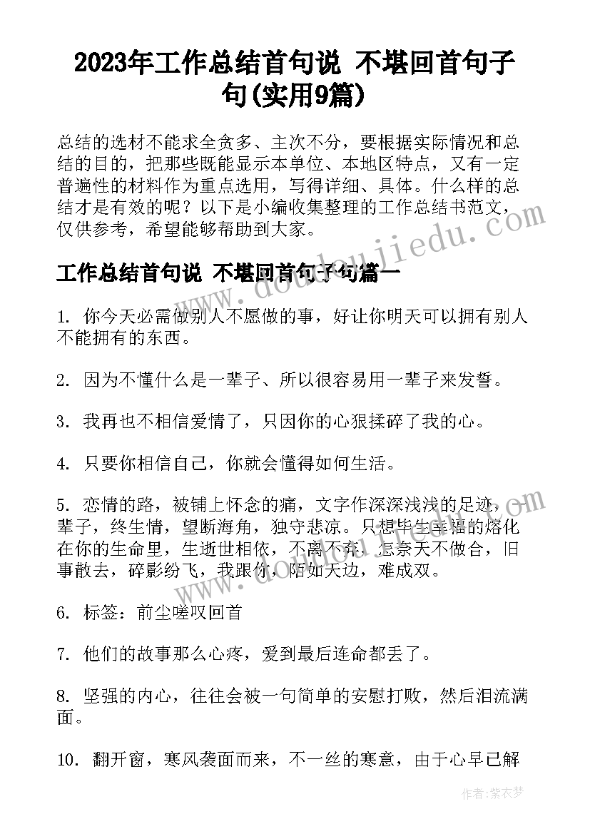 2023年工作总结首句说 不堪回首句子句(实用9篇)