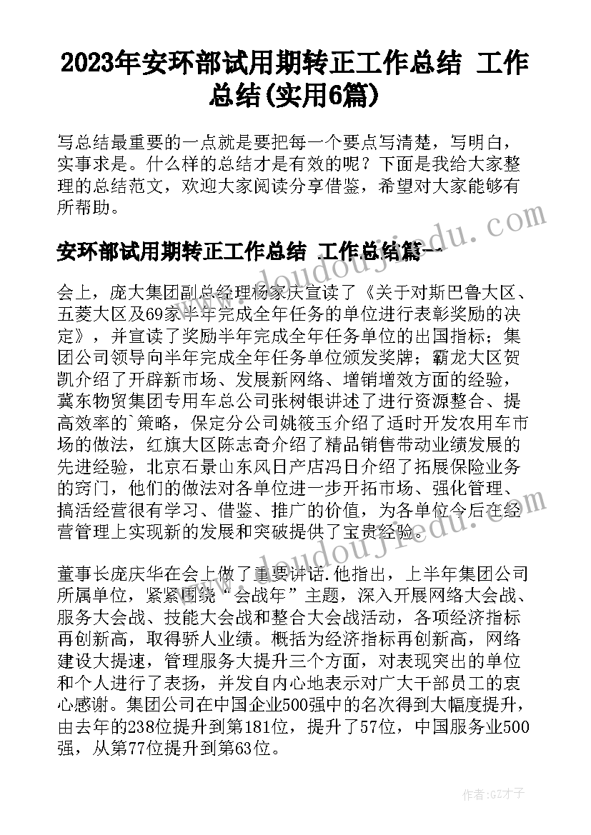 2023年安环部试用期转正工作总结 工作总结(实用6篇)