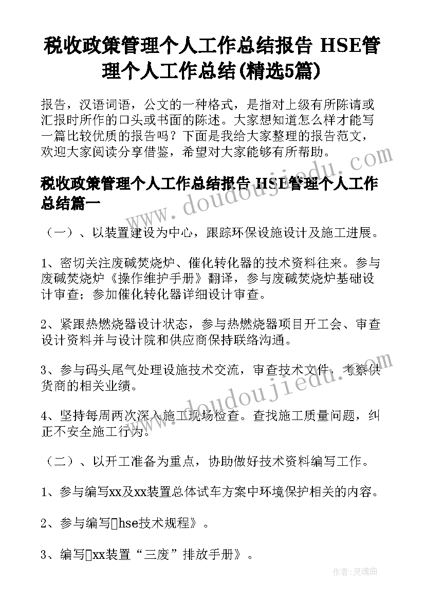 税收政策管理个人工作总结报告 HSE管理个人工作总结(精选5篇)