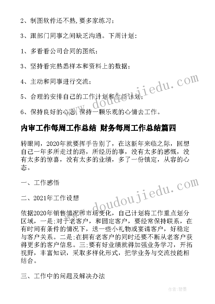 2023年内审工作每周工作总结 财务每周工作总结(通用10篇)