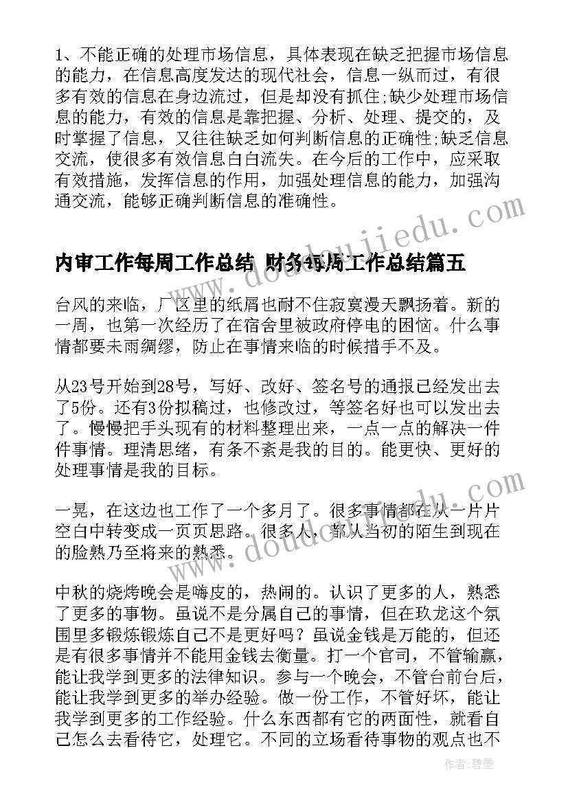 2023年内审工作每周工作总结 财务每周工作总结(通用10篇)