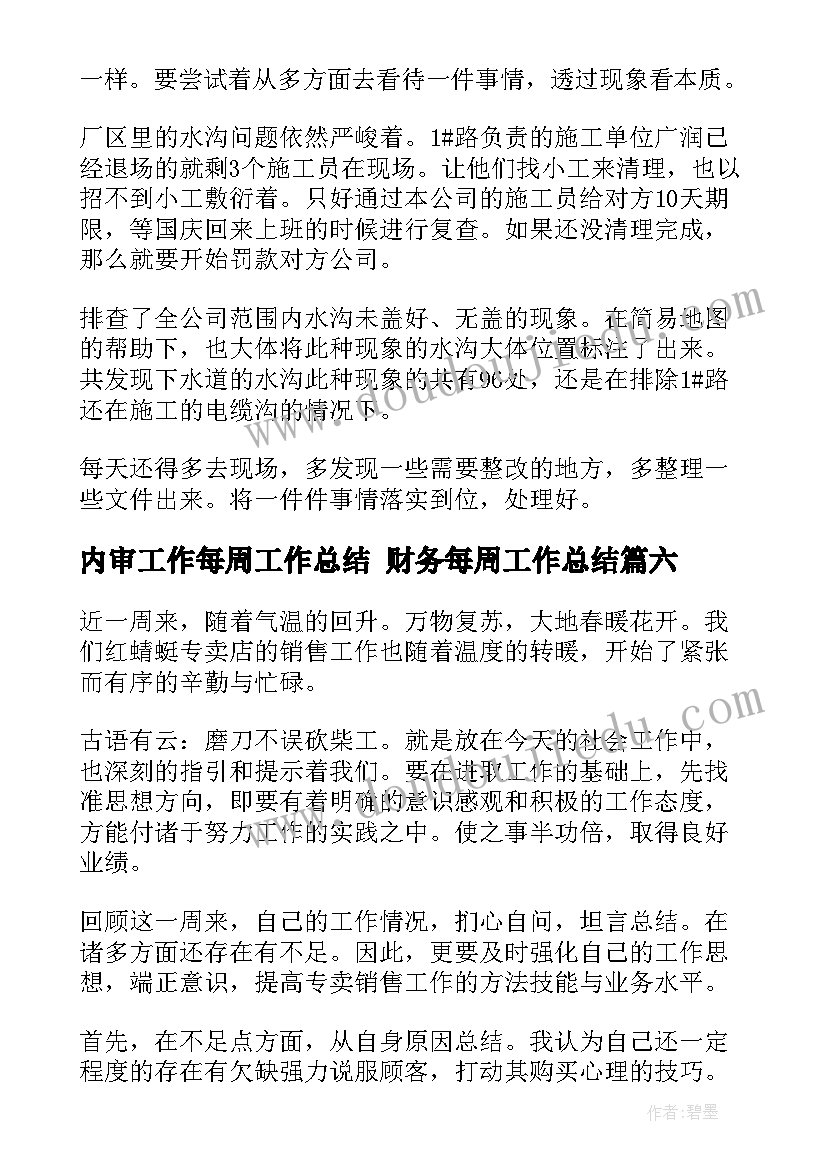 2023年内审工作每周工作总结 财务每周工作总结(通用10篇)