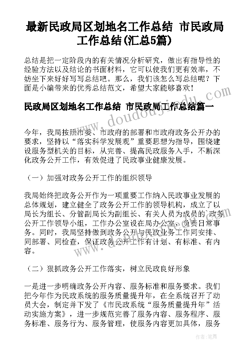 最新民政局区划地名工作总结 市民政局工作总结(汇总5篇)