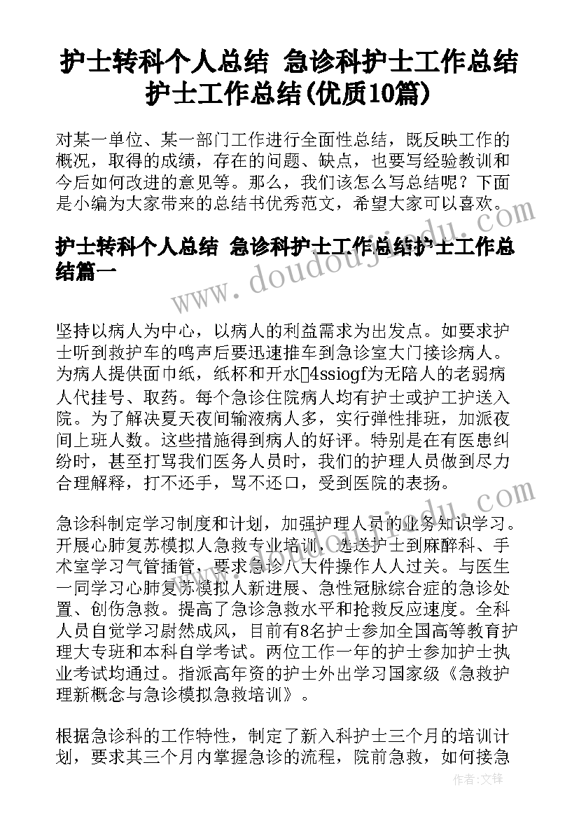 护士转科个人总结 急诊科护士工作总结护士工作总结(优质10篇)