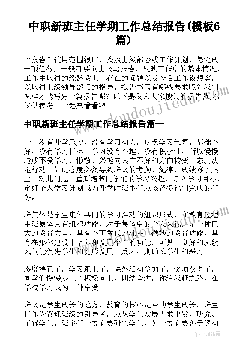 中职新班主任学期工作总结报告(模板6篇)