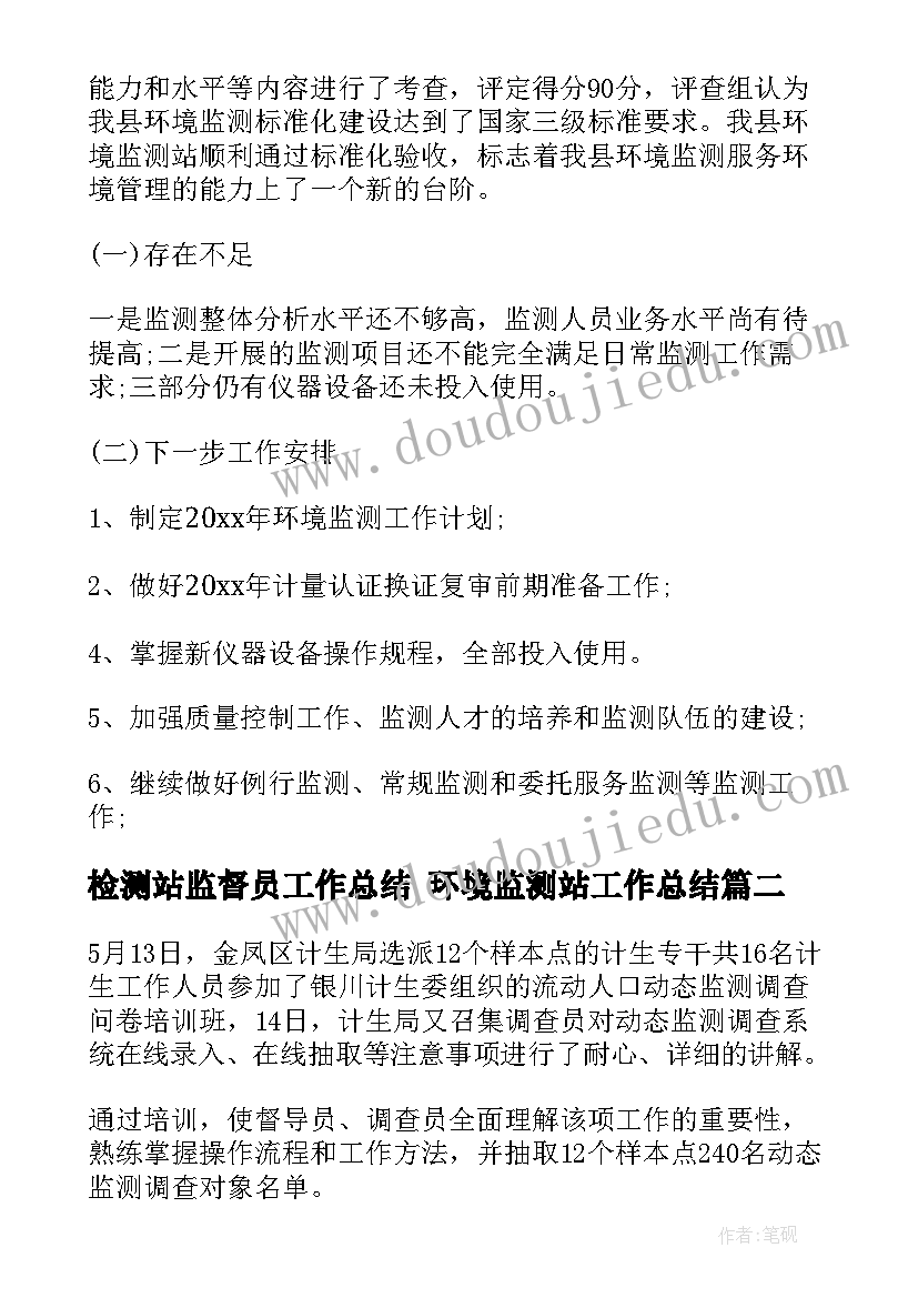 最新检测站监督员工作总结 环境监测站工作总结(通用6篇)