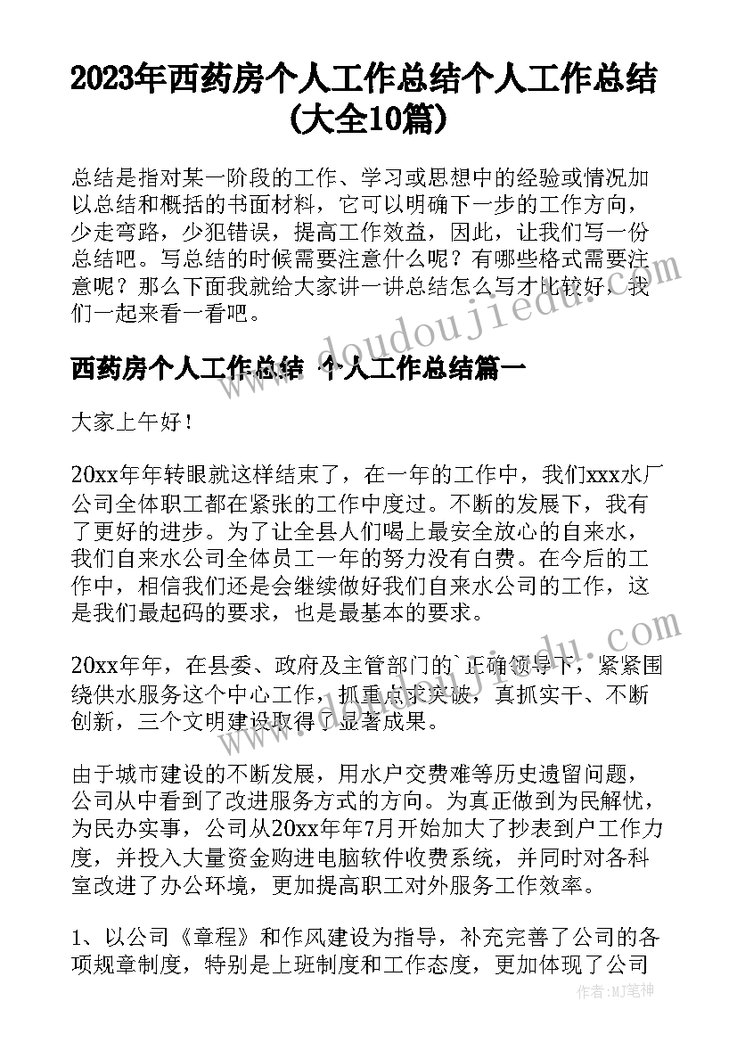 2023年西药房个人工作总结 个人工作总结(大全10篇)