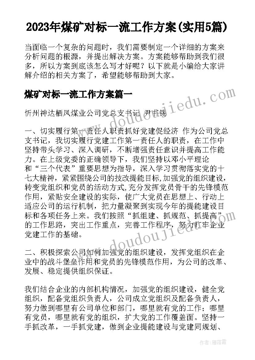 2023年煤矿对标一流工作方案(实用5篇)